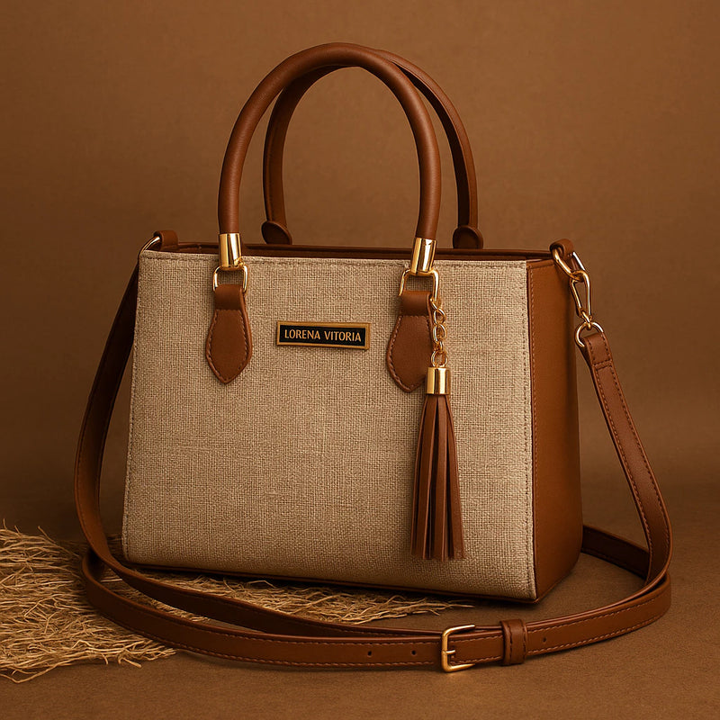 Bolsa Feminina Lorena Vitória Palha Chic Alça Dupla (Mão + Transversal)