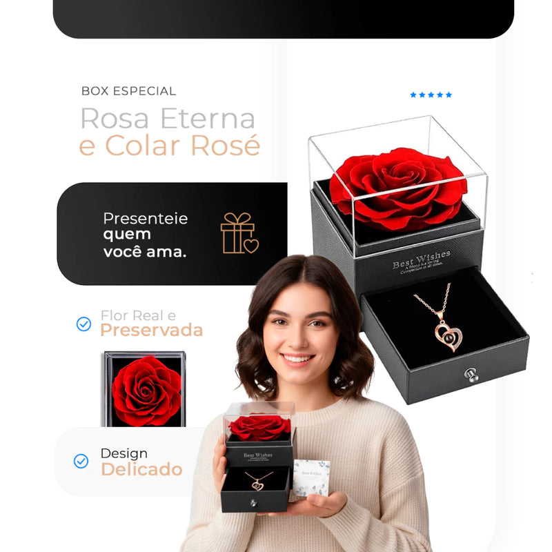 Colar Rosa Eterna Preservada + Colar "Eu Te Amo" em 100 Idiomas